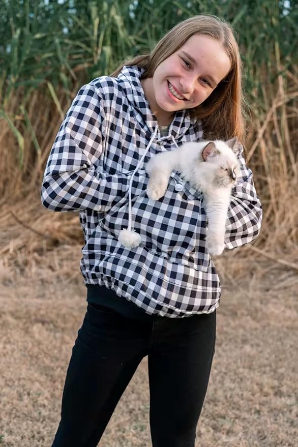Pet Pouch Hoodie - Cat Dog Holder Sweatshirt Large Pocket Carrier Pullover Tops for Women (Black+White, XXX-Large)