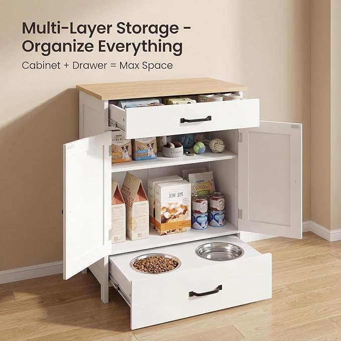 Elevated Stainless Dog Bowls,Feeding Station for Food Storage White Wood | LINLUX Pet Organizer Cabinet With Adjustable Shelf Sliding Drawer Hidden Feeder ,Toy Organization Container for Cats & Dogs