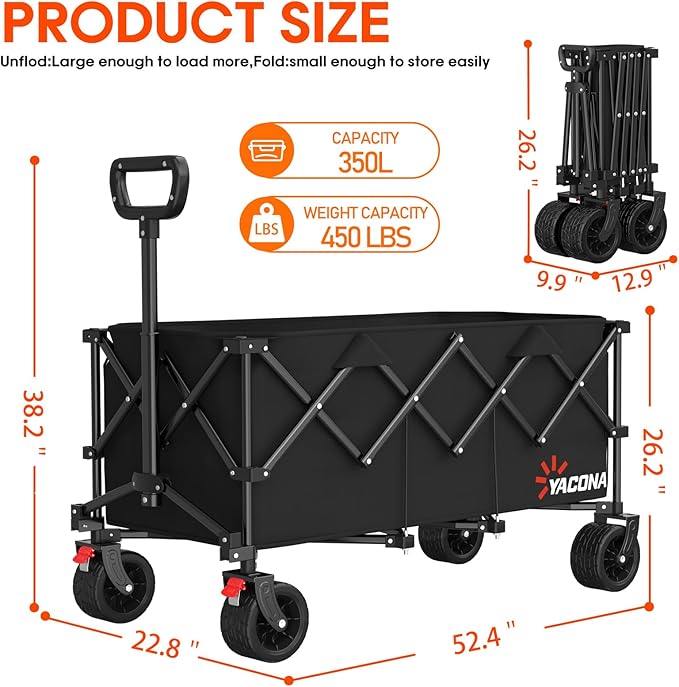 52.4" L Extra Large Collapsible Wagons Carts Foldable, 450lbs Heavy Duty Folding Beach Wagon with All-Terrain Big Wheels, Utility Wagon Cart for Groceries, Outdoor Camping, Shopping, Beach, Garden