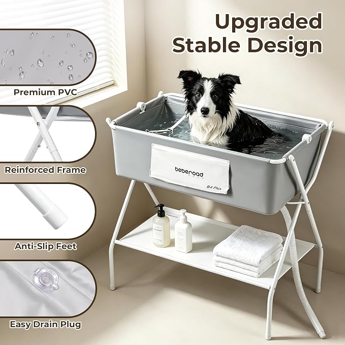 Dog Bathtub Dog Washing Station with Scrubber for Medium Dogs 135lbs or Two Small Pets, B4 Plus Foldable Dog Tub for Bathing and Grooming, Portable Collapsible Dog Shower Tub