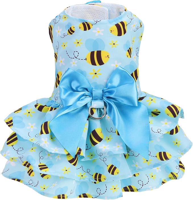 PUPTECK Summer Dog Dress with Bow and Leash Ring, Blue Yellow Bee M | Cute Adorable Breathable Mesh Dog Clothes for Small Medium Dogs Puppy Cats, Pet Outfit Apparel for Birthday Party