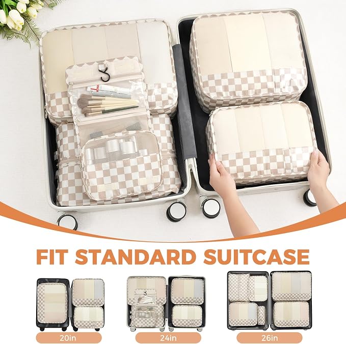 BAGAIL 9 Set Packing Cubes with Packing List Luggage Packing Organizers for Travel Accessories (Khaki checkered)