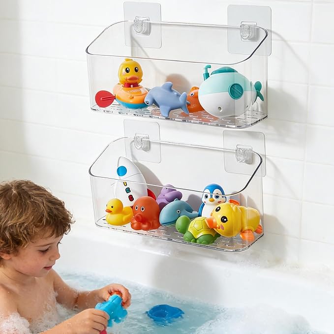 Bath Toy Storage Holder, 2 Pack Clear Bathtub Shower Caddy Shower Organizer | No Drill Large Drainage Basket Holds Bath Toys & Shower Supplies, Keeps Kids Toys Dry for Tub, Shower Stall, Kids Bathroom