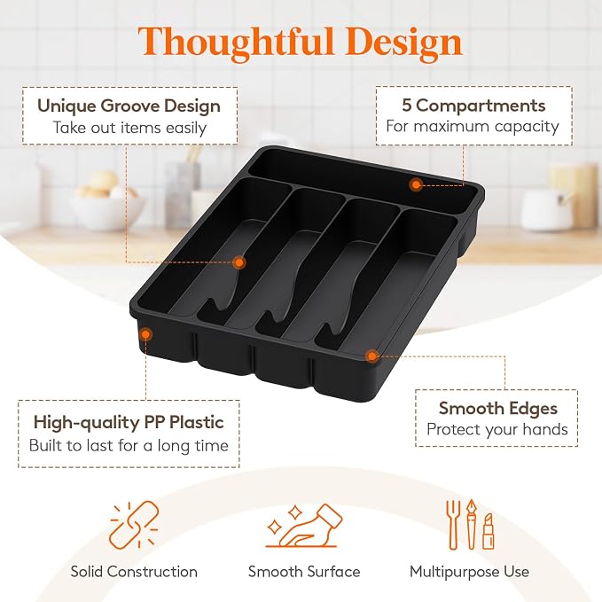 Lifewit Silverware Organizer with Lid, Covered Utensil Tray, 9.5x12.7 | Plastic Cutlery Storage Box for Kitchen Drawer and Countertop, Flatware Case Holder for Spoons Forks Knives, Black