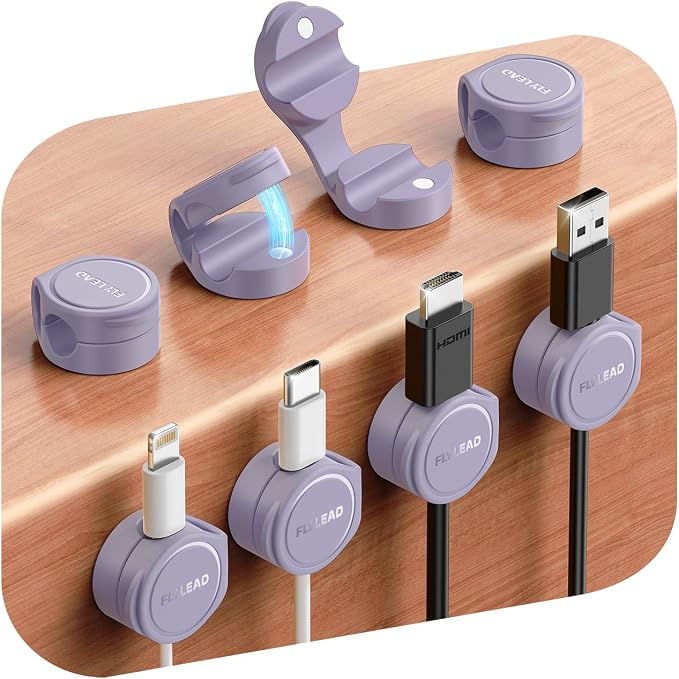 FLYLEAD 8-Pack Silicone Cord Organizer Magnetic Cable Clips, Adhesive | Resilient Yet Soft Rubber Cord Management Holder for Home Office Desk Accessories, Nightstand Phone Charger Wire Organization