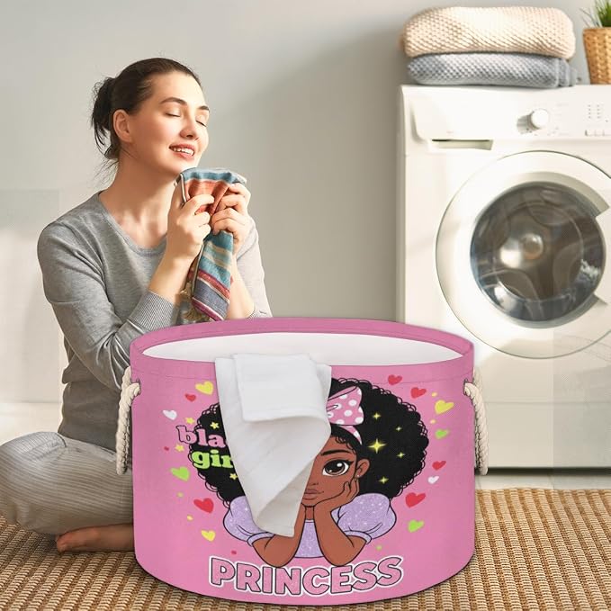 Large Storage Baskets, Black Girl Princess Nursery Organizer Bin Box with Handles Collapsible Round Laundry Hamper for Kids Toys Pet Blanket, Bedroom Living Room Home Decor Gift Basket