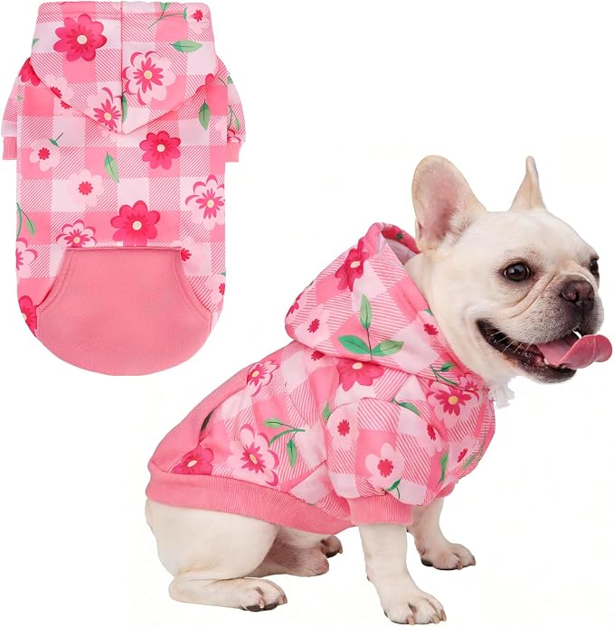 KOOLTAIL Spring Dog Hoodie Pet Clothes Sweater with Hat and Pocket for Medium Large Size Dogs Outdoor Picnic Camping, Insect Protection Anti-Hair Loss, Soft Fleece Dog Hooded Sweatshirt, Pink Flower M
