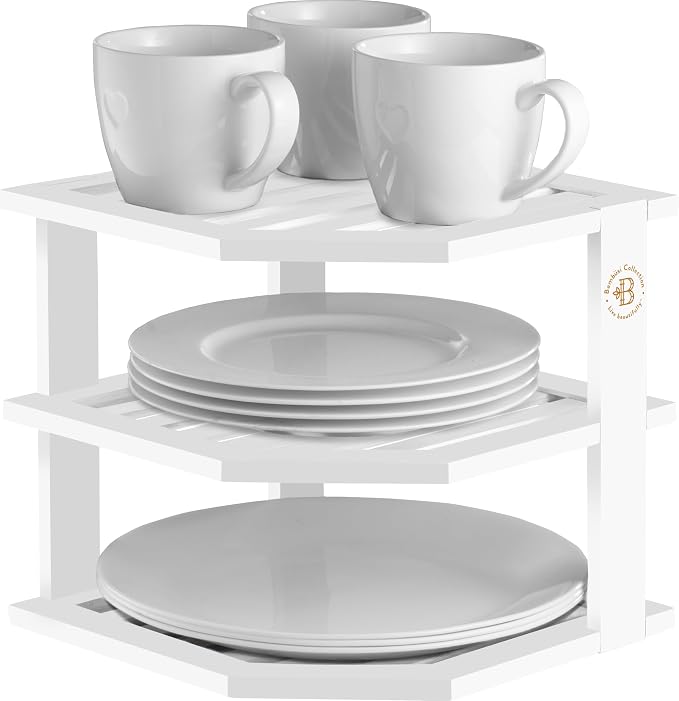 White Plate Organizer for Cabinet - 3 Tier Bamboo Corner Cabinet Organizer Shelf for Plates Bowls Mugs Cups, Kitchen Cabinet Organizer, Cabinet Shelf Organizer, Countertop Rack, 10 x 10 x 9.5 Inch