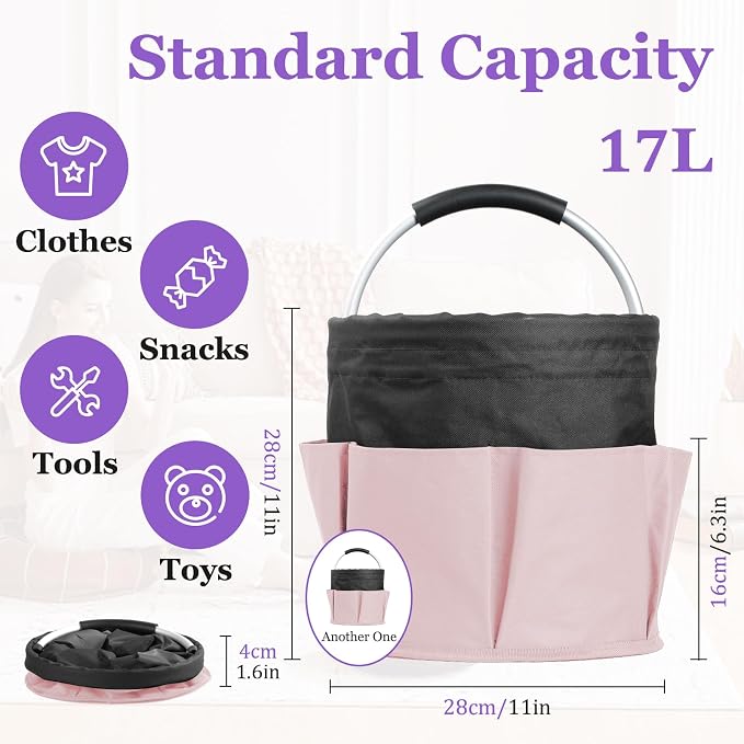 2Pcs 17L Shower Caddy with 6 Pockets, Portable Cleaning Caddy in 600D Oxford Fabric, Cleaning Supplies Bucket with Handle, Multifunctional Storage Basket for Dorm, Family, Black with Pink