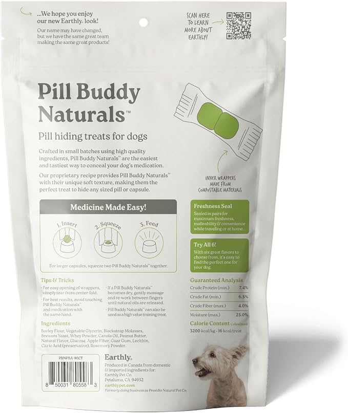 Presidio Earthly Pill Buddy Naturals - PB & Apple Recipe Pill Hiding Treats for Dogs - Make A Perfect Pill Concealing Pocket Or Pouch for Any Size Medication - 90 Servings (Pack of 2)
