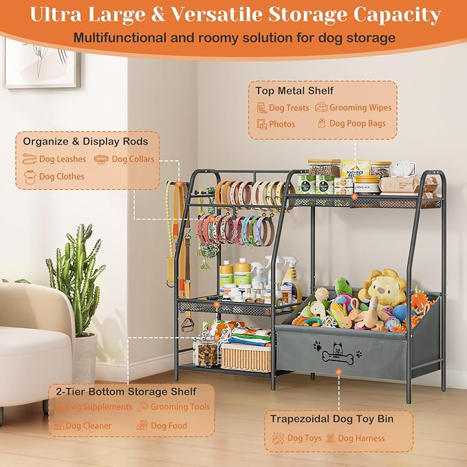 Lomivra Large Dog Toy Basket with Dog Storage Organizer, Trapezoid Toy Bin Box with Collar Leash Holder Hook, Dogs Toy Holder Chest Pet Storage Cabinet for Living Room Dogs Essentials