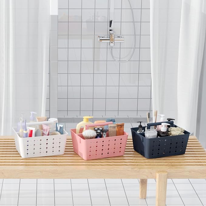 Lifewit Portable Shower Caddy, Plastic Basket Organizer, White, 3 Pack | Adjustable Dividers, Drain Design, College Dorm Room Essentials with Handle, for Bathroom