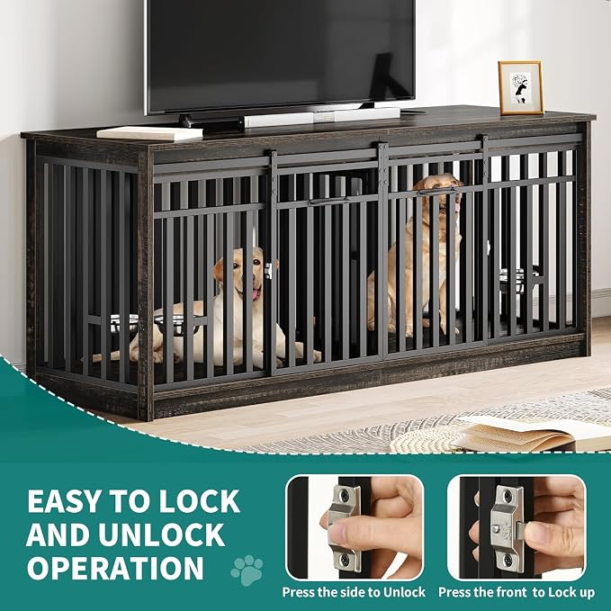 DWVO 71" Double Dog Crate Furniture for 2 Medium Dogs with Dog Bowls | Heavy Duty Wood Dual Dog Kennel TV Stand with Sliding Doors, Decorative 2 Dog Cage Table for Extra Large Dogs Black Oak
