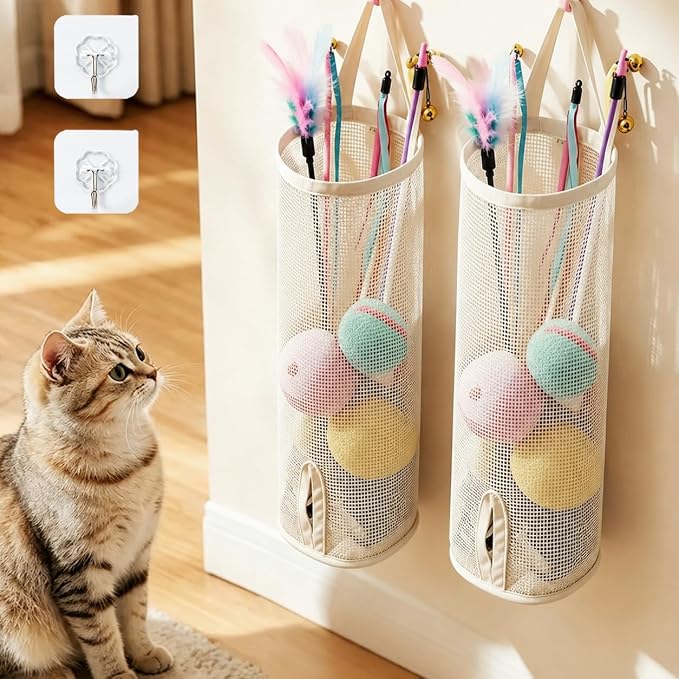 2 Pack 15.16" Height Cat Wand Toy Organizer Storage Holder Bag, Not Suitable for Small Toys (w/ an Opening in the Bottom), Kitten Stick Toy Mesh for Cat Feather Toys Wall Hanging with Adhesive Hooks