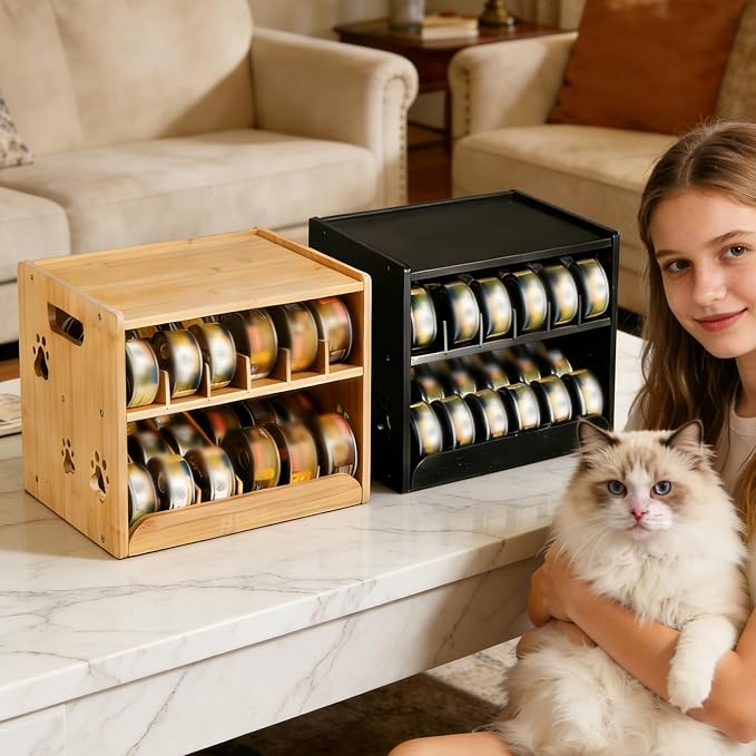 JALZ JALZ Bamboo Cat Food Can Dispenser 2-Tier Gravity Pet Food Storage Rack | Compact 2-tier organizer maximizes vertical space in your pantry, cabinet, or countertop