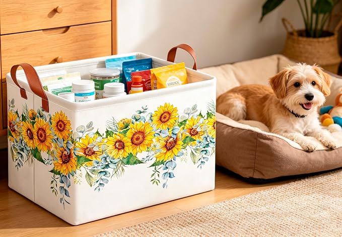 CLOCOR Rectangular Storage Basket Empty,Gift Basket,Waterproof Storage Bin with Handles,Room Decor(Sunflower Rope)