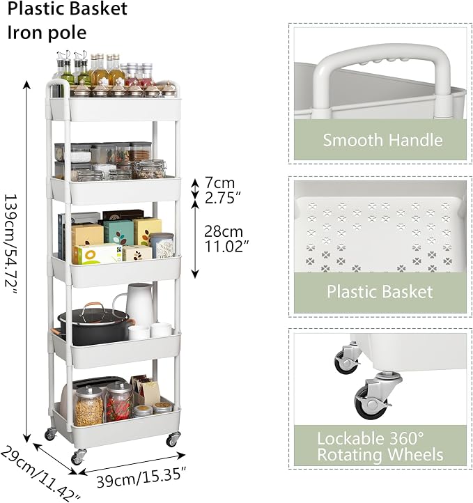 Sywhitta 5-Tier Plastic Rolling Utility Cart with Wheels for Storage,White | Multi-Functional Storage Trolley, for Office, Living Room, Kitchen, Bathroom,Movable Organizer,Space-Saving,Easy to assemble