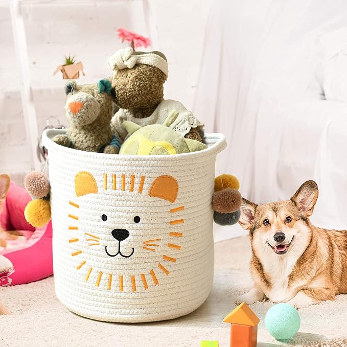 Toy Storage Baskets Cute Laundry Basket with Handles Dog Toy Storage Basket Durable Large Cotton Rope Storage Bins Home Organizer Solution for Office, Bedroom, Closet, Toys & Laundry (Lion)