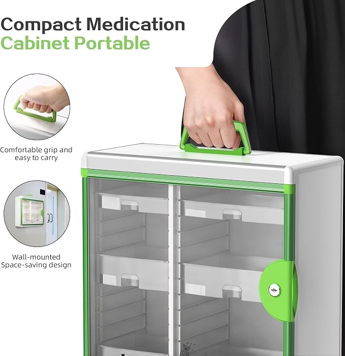 Lockable Medicine Cabinet with 6 Removable Trays, Wall Mounted & Portable Locking Medicine Cabinet Organizer with Key Lock for Home, Bathroom, Office - Aluminum Frame(15.63 * 6.5 * 15.43Inch)