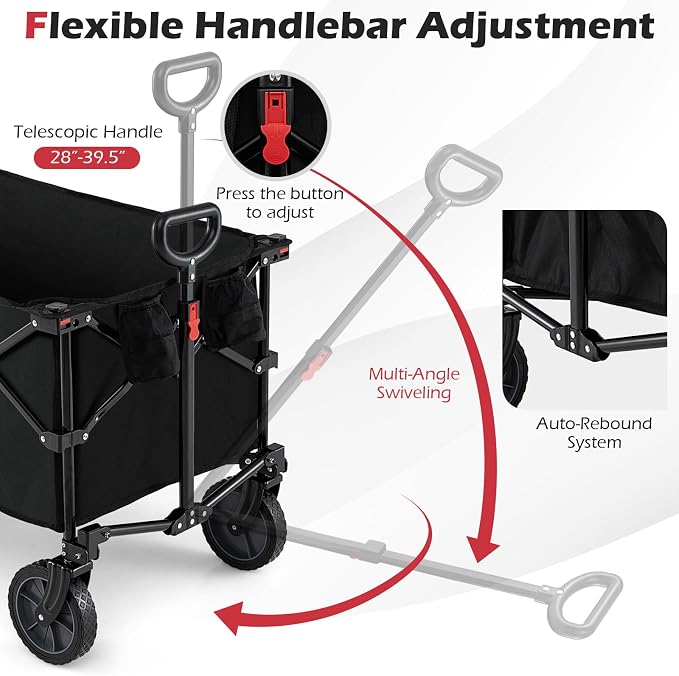 Goplus 38" Collapsible Wagon Cart, 400 LBS Heavy-Duty Foldable Beach Wagon with All-Terrain Wheels & 2 Cup Holders, 180 L Portable Utility Cart with Adjustable Handle for Camping, Shopping