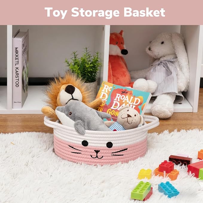 Small Woven Rope Cat Toy Basket with Cat Face Design, White Pink | 9.8" x 4" Cute Toy Storage Bin for Girls' Living Room & Nursery, Baby Gift Baskets Empty with Sturdy Handles