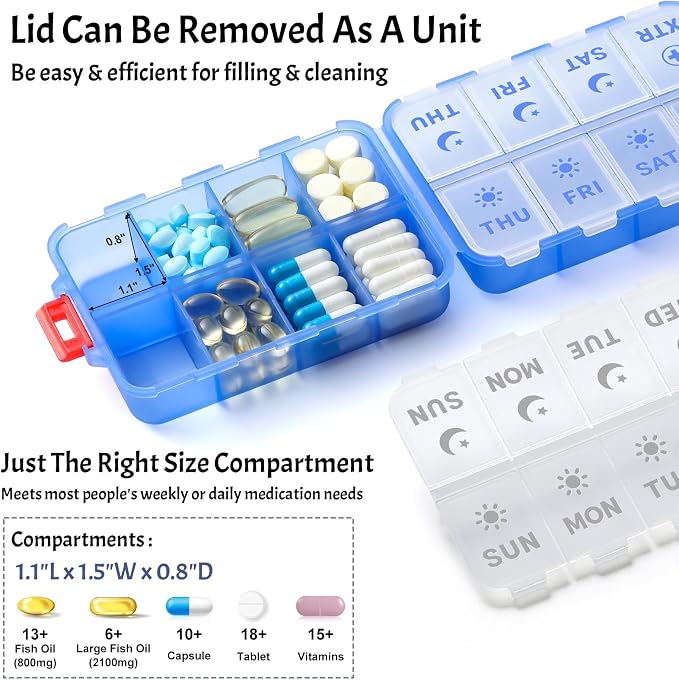 Foldable Weekly Pill Organizer 2 Times a Day with 2 Extra Compartments - Etched Labels - Portable 7 Day AM PM Medicine Box, Week Daily Travel Pill Case Holder for Meds, Vitamin, Supplement -Clear Blue