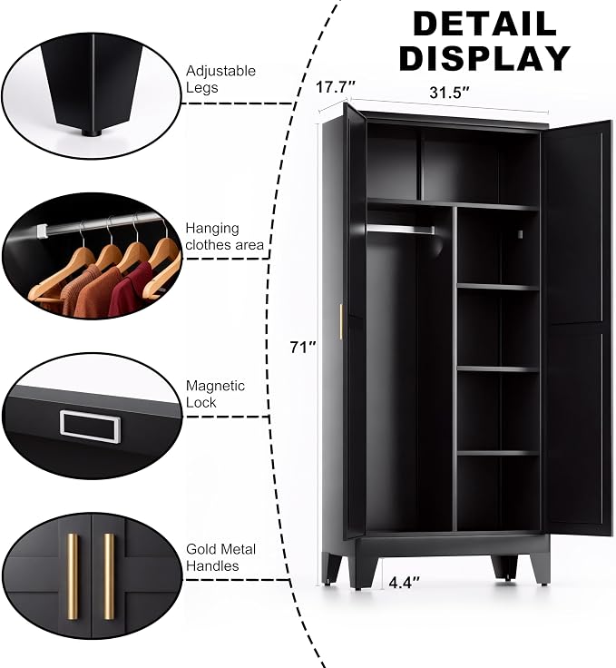 71" H Broom Closet Storage Cabinet,Metal Garage Storage Cabinets,Utility Cabinet,Black Storage Cabinets