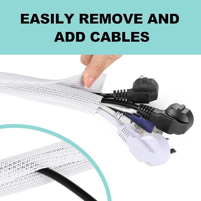 AGPTEK Cable Sleeve, 10ft - 1 inch Cable Management Cord Hider, White | Desk Cord Cover Organizer Wire Hider for Office Computer TV Wire Loom Tubing Pet-Proof Cord Protector from Cat Dog Chewing