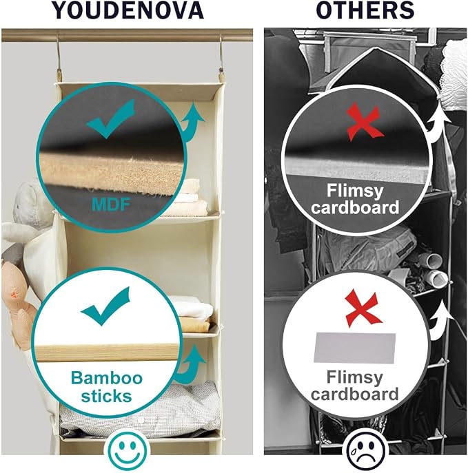 YOUDENOVA Hanging Closet Organizer and Storage for Clothes, 5-Shelf, Beige | Locker/RV/Camper Organizer, 2 Side Pockets, Hanging Shelves for Small Closet, Dorm Room Essentials for Guys, Non-woven Fabric