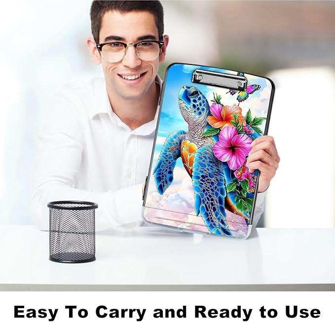 A4 Clipboard with Storage Pen Holder, Clipboards Organizer Nursing Clipboard Foldable File Folder Plastic Clipboard Folio Clip Board for Office Work Classroom Doctor, Turtle Pink Flower