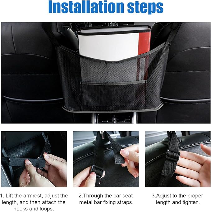 Ziciner 2 PCS Car Net Pocket Handbag Holder, Organizer Mesh Bag Between Two Seat, Driver Storage Netting Pouch for Handbag Purse, Barrier of Backseat Pet, Car Accessories for Women Men (Black)