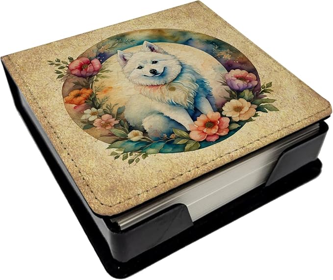 Caroline's Treasures American Eskimo and Flowers PU Leather Note Paper Holder with Artist-Designed Cover, Desk Accessory, Office Gift