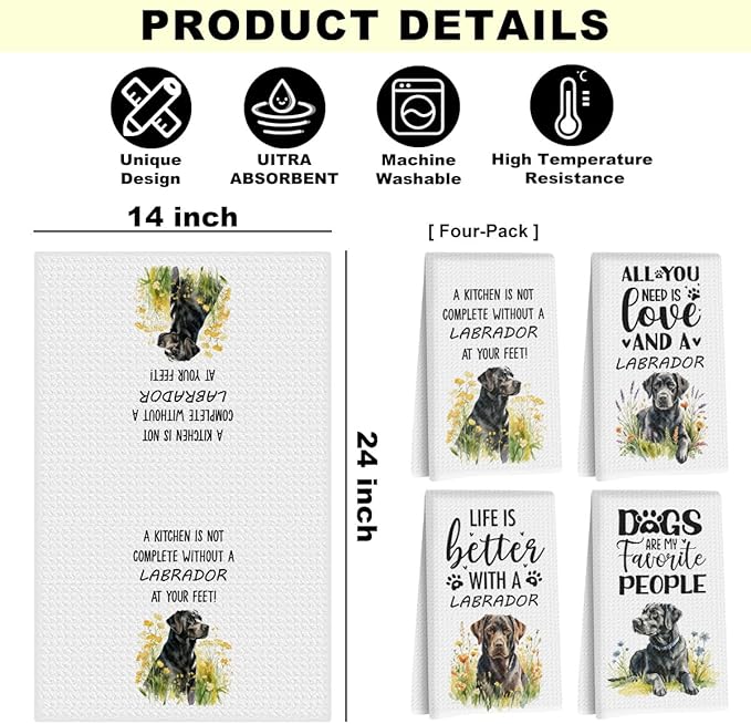 4Pcs Black Labrador Retriever Dog Kitchen Towels, Labrador Retriever Gifts for Women Mom, Reusable Dish Towels for Kitchen Bathroom Decor, Waffle Weave Absorbent Hand Cloth Tea Towel, Dog Gifts