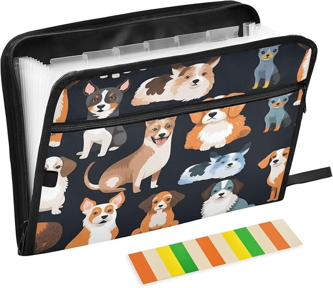 Animal Dog 13 Pocket File Organizer Expanding File Folder with Front Pouch Portable Business Fire Storage Document Organizer Folder with Zipper