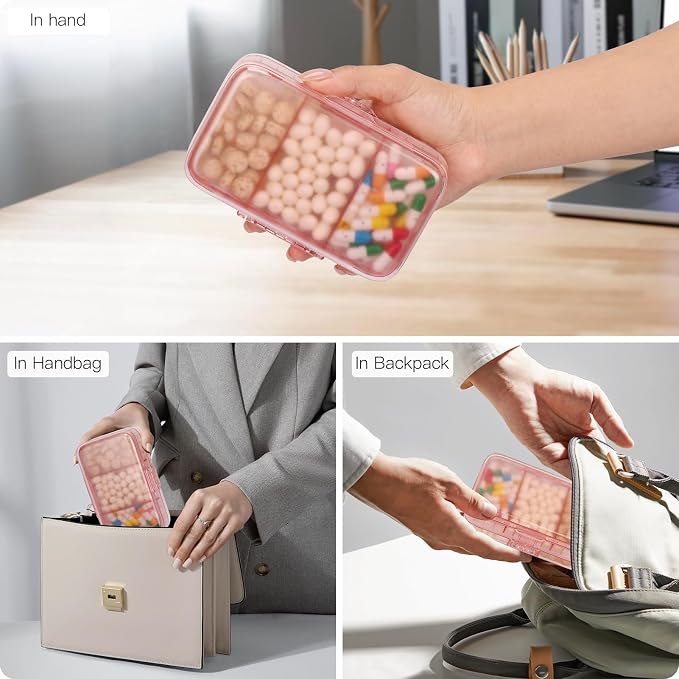 FYY Travel Pill Organizer, Large Weekly Medicine Pill Organizer-Pink | Airtight Moistureproof Medicine Case, Easy to Use, 8 Compartment Pill Box for Vitamins, Fish Oil, Supplements, Mini First Aid