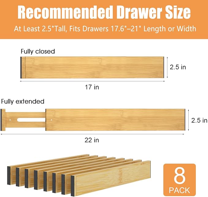 Bamboo Drawer Dividers, Adjustable Drawer Organizers, Fits 17.6–21" Drawers | 2.5" High, 8 Pack Expandable Drawer Separators for Kitchen, Nursery, Dressers & Office Storage, Natural