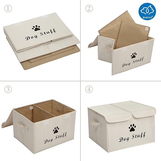 Large Dog Toys Storage Box Canvas Storage Basket Bin Organizer with Lid - Collapsible Linen Bin Ideal for Organizing Dog Cat Toys and pet Stuff-PP Boad-17" x 12" x 10" - Slub Beige