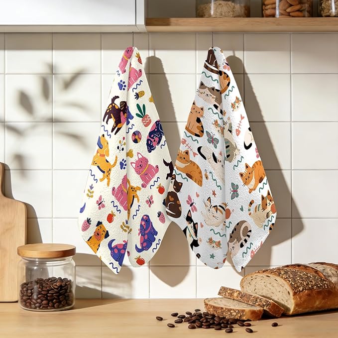 Cat Dog Kitchen Towels, 2 Pcs Dogs Dish Towels, Absorbent Dish Towel for Kitchen Drying Dog, Dish Cloths Funny Cute Housewarming Gifts for Women Cats Dogs Lovers