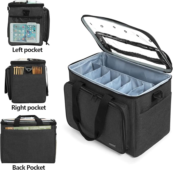 Teamoy Knitting Bag, Yarn Storage Organizer Crochet Bag Tote, Black | Yarn Holder with Inner Divider(Sewn to Bottom) for Crochet Hook, Knitting Needles(Up to 14"), Project and Crocheting Supplies