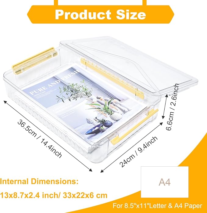 SAYEEC Clear File Storage Box Portable Project Case with Handle Plastic Storage Container with Lid Stackable Flat Storage Bin Document Magazine Protector Organizer for A4 Paper Photo Craft Scrapbook