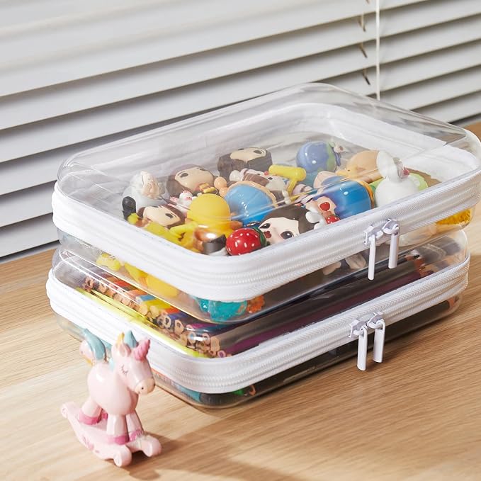MACOPRO 2PCS Clear Hard Shell Zipper Case,Portable Cosmetic Bag with Zipper, Diaper Bag Organizing Pouches, Toy Storage Organizer Bins,Hard Plastic Case, Christmas Storage Bins