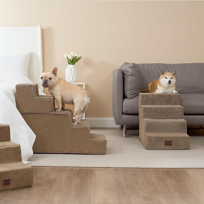 EHEYCIGA Dog Stairs for Bed 18" H, 4-Step Dog Steps for High Bed, Camel | Pet Steps for Small Dogs and Cats, Non-Slip Balanced Pet Ramp Indoor
