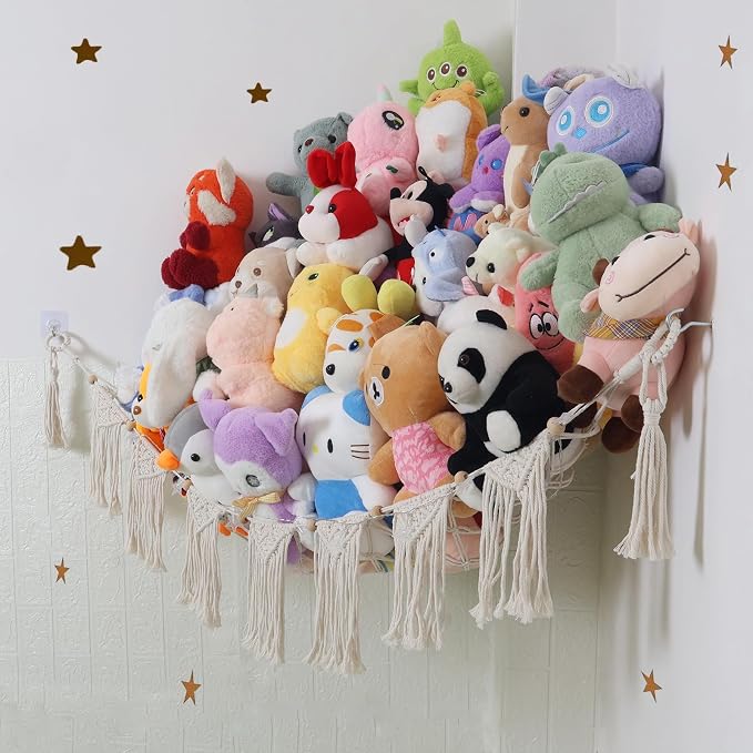 Large Stuffed Animal Hammock or Net, Macrame Boho Toy Hammock with LED Light, Decorate Net for Stuffed Animals Corner, Space Saving Hanging Stuff Animal Organizer Holder for Kids Bedroom Playroom