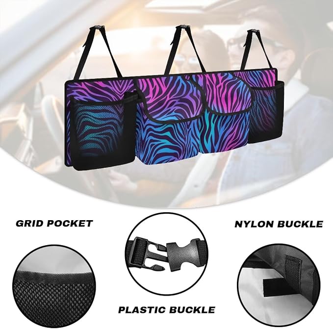 Dreaweet Purple and Blue Zebra Print Car Trunk Organizer for Sedan Collapsible Backseat Trunk Organizer Large Capacity Storage Bag with 4 Pocket,Car Organizers and Storage Trunk for SUV Truck Van