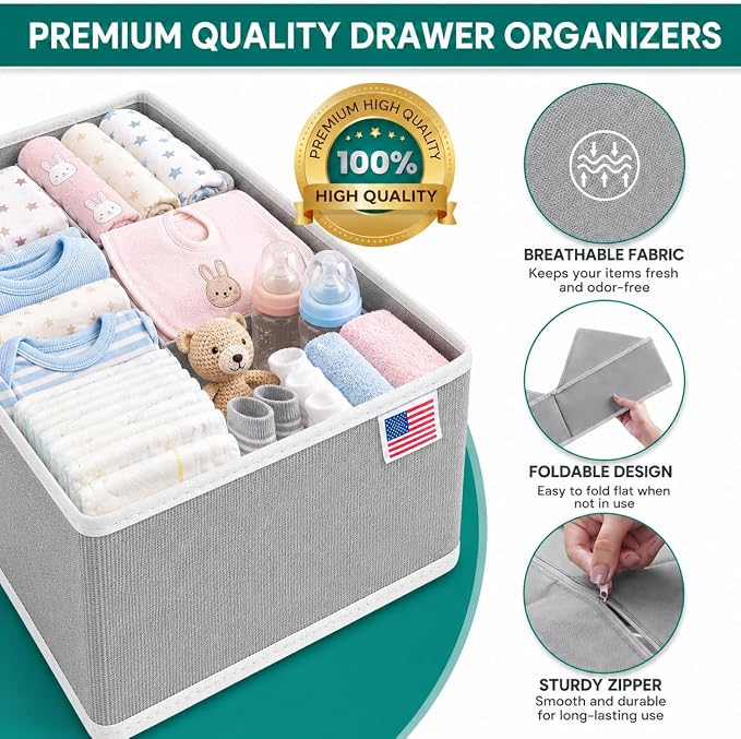 RFAQK 18 Pack Drawer Organizer Clothes-3 Sizes Dresser Organizer for Underwear Closet, Baby Clothes Organizer for Wardrobe-Foldable Fabric Drawer Dividers for Bedroom,Lingerie,Undies,Bra-Grey