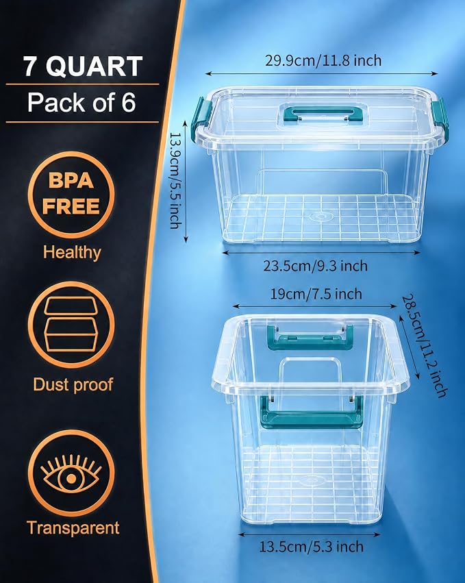 7Qt Clear Storage Bins with Lids,6-Pack Stackable Storage Containers With Buckle Latches.Perfect for LEGO, Crafts, Office Supplies, and Dorm Room Organization,Blue