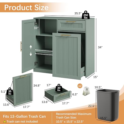 13 Gallons Pull Out Trash Can Cabinet with Storage, Green | Fluted Kitchen Trash Cabinet with Adjustable Shelf & Drawer, Hidden Wood Pet Proof Trash Can Holder for Laundry, Living Room
