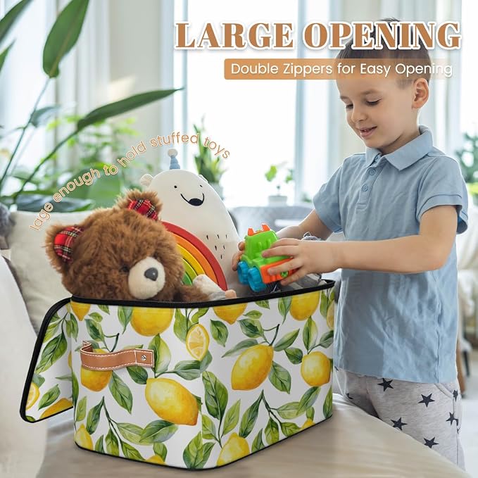 Pardick Storage Bin Fruit Lemon Storage Baskets with Zipper Lid & Handle Foldable Closet Shelf Cloth Organizer Basket Cube Bins Clothes Organizer for Nursery, Bedroom