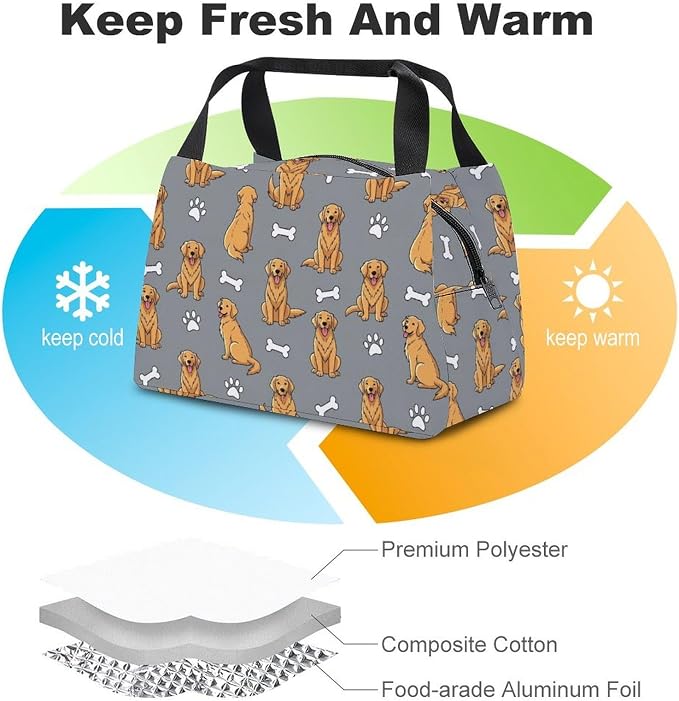 Insulated Lunch Cooler Bag, Golden Retriever Cute Dog | Adult Women Men, Spacious Food Carrier Bags, with Handle, Portable Snack Tote, for Office Gym Picnics BBQ