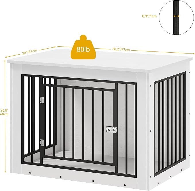 DWVO 38 Inch Dog Crate Furniture Chew-Resistant for Dogs | Dog Kennel Indoor Furniture End Table, Farmhouse Decorative Wooden Cage, Chew-Resistant, White